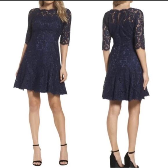 New Eliza J Quarter Length Sleeve Lace Fit Flare Dress Sz 12 Navy Blue Formal - Picture 1 of 12